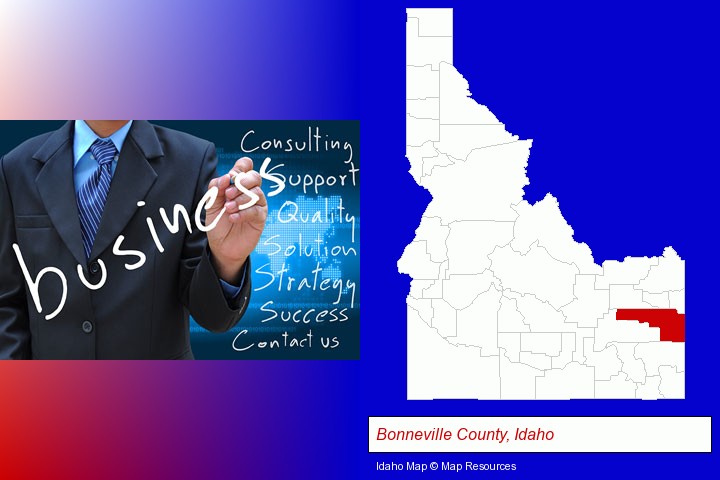 typical business services and concepts; Bonneville County, Idaho highlighted in red on a map