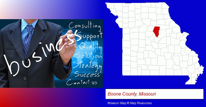 typical business services and concepts; Boone County, Missouri highlighted in red on a map