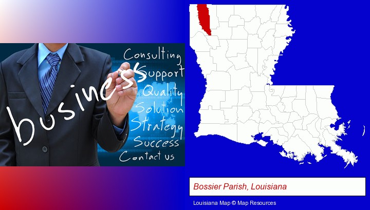 typical business services and concepts; Bossier Parish, Louisiana highlighted in red on a map