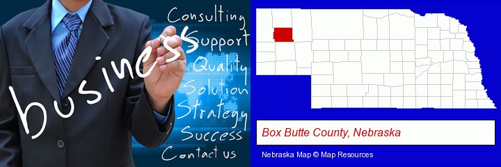 typical business services and concepts; Box Butte County, Nebraska highlighted in red on a map
