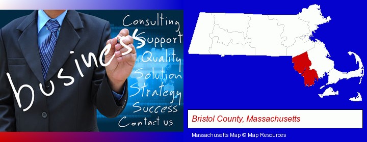 typical business services and concepts; Bristol County, Massachusetts highlighted in red on a map