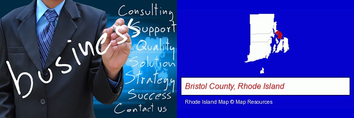 typical business services and concepts; Bristol County, Rhode Island highlighted in red on a map
