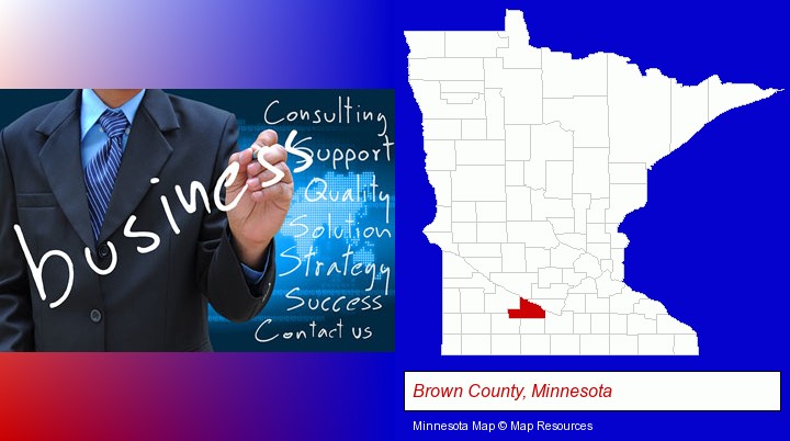 typical business services and concepts; Brown County, Minnesota highlighted in red on a map