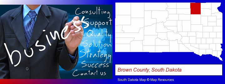 typical business services and concepts; Brown County, South Dakota highlighted in red on a map