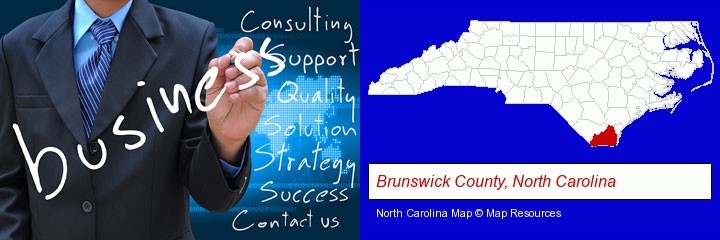 typical business services and concepts; Brunswick County, North Carolina highlighted in red on a map