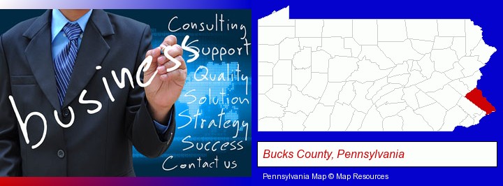 typical business services and concepts; Bucks County, Pennsylvania highlighted in red on a map