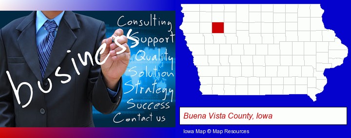 typical business services and concepts; Buena Vista County, Iowa highlighted in red on a map