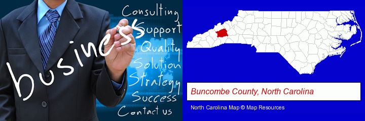 typical business services and concepts; Buncombe County, North Carolina highlighted in red on a map