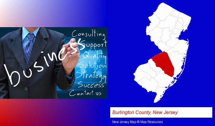 typical business services and concepts; Burlington County, New Jersey highlighted in red on a map