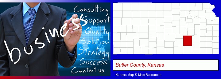 typical business services and concepts; Butler County, Kansas highlighted in red on a map