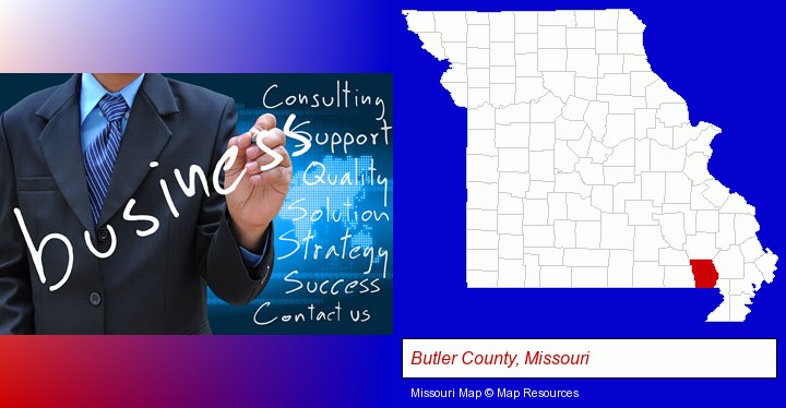 typical business services and concepts; Butler County, Missouri highlighted in red on a map