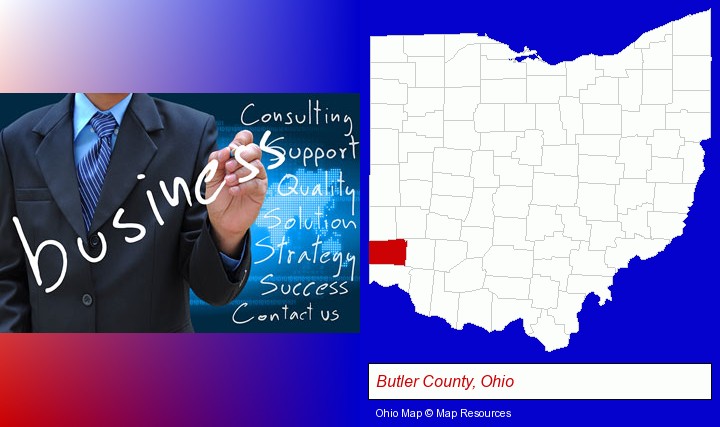 typical business services and concepts; Butler County, Ohio highlighted in red on a map