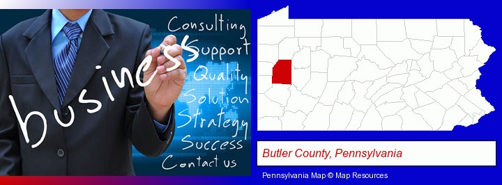 typical business services and concepts; Butler County, Pennsylvania highlighted in red on a map