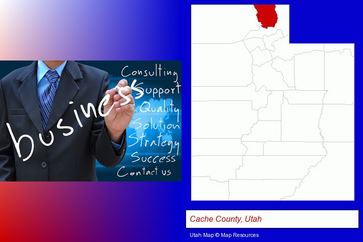 typical business services and concepts; Cache County, Utah highlighted in red on a map