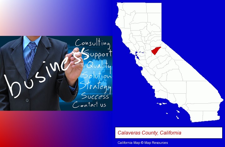 typical business services and concepts; Calaveras County, California highlighted in red on a map