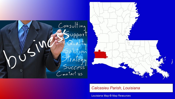 typical business services and concepts; Calcasieu Parish, Louisiana highlighted in red on a map