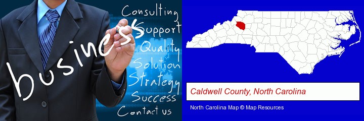 typical business services and concepts; Caldwell County, North Carolina highlighted in red on a map