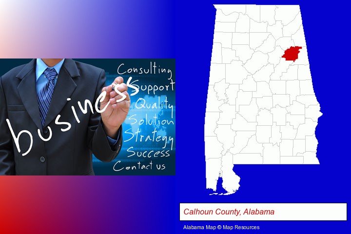 typical business services and concepts; Calhoun County, Alabama highlighted in red on a map