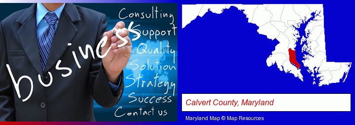 typical business services and concepts; Calvert County, Maryland highlighted in red on a map
