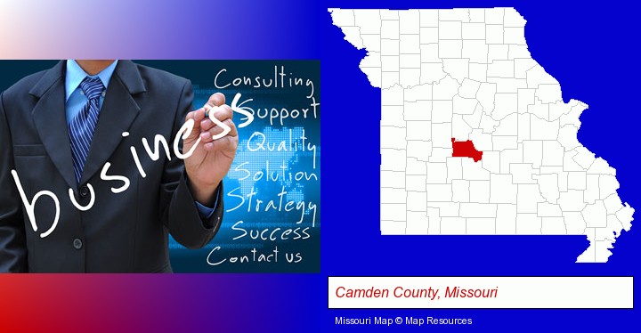 typical business services and concepts; Camden County, Missouri highlighted in red on a map