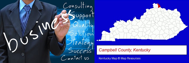 typical business services and concepts; Campbell County, Kentucky highlighted in red on a map