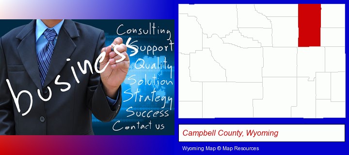 typical business services and concepts; Campbell County, Wyoming highlighted in red on a map