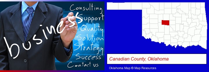 typical business services and concepts; Canadian County, Oklahoma highlighted in red on a map