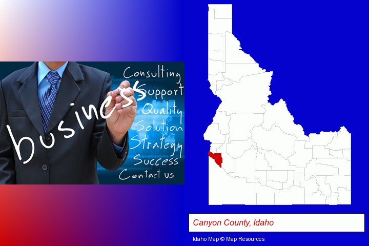 typical business services and concepts; Canyon County, Idaho highlighted in red on a map