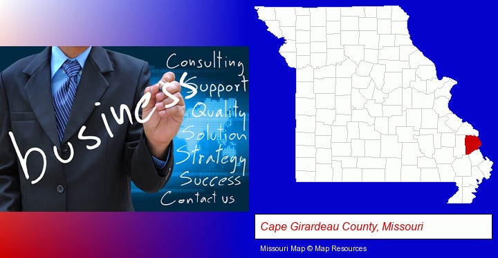 typical business services and concepts; Cape Girardeau County, Missouri highlighted in red on a map
