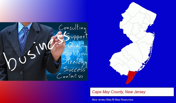 typical business services and concepts; Cape May County, New Jersey highlighted in red on a map