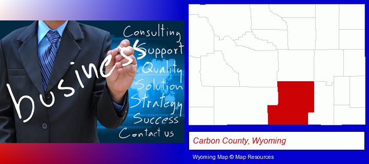 typical business services and concepts; Carbon County, Wyoming highlighted in red on a map