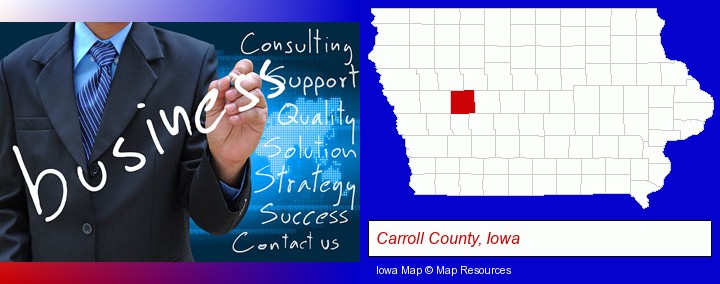 typical business services and concepts; Carroll County, Iowa highlighted in red on a map