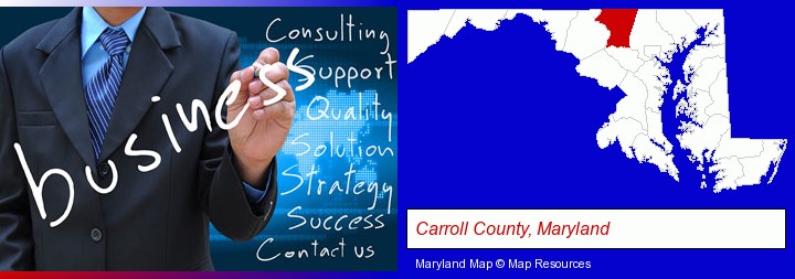 typical business services and concepts; Carroll County, Maryland highlighted in red on a map