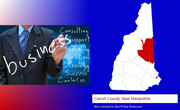 typical business services and concepts; Carroll County, New Hampshire highlighted in red on a map