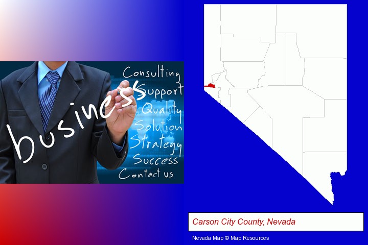 typical business services and concepts; Carson City County, Nevada highlighted in red on a map