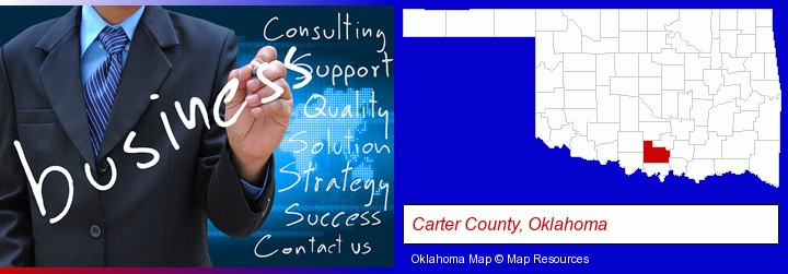 typical business services and concepts; Carter County, Oklahoma highlighted in red on a map