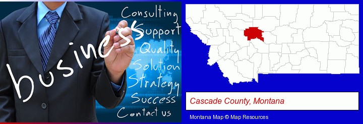 typical business services and concepts; Cascade County, Montana highlighted in red on a map