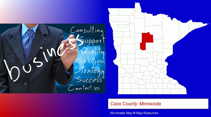 typical business services and concepts; Cass County, Minnesota highlighted in red on a map