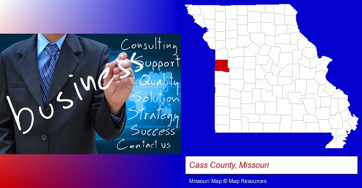typical business services and concepts; Cass County, Missouri highlighted in red on a map