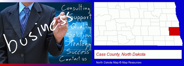 typical business services and concepts; Cass County, North Dakota highlighted in red on a map