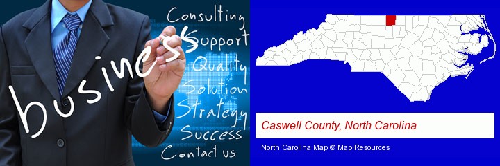 typical business services and concepts; Caswell County, North Carolina highlighted in red on a map