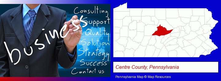 typical business services and concepts; Centre County, Pennsylvania highlighted in red on a map