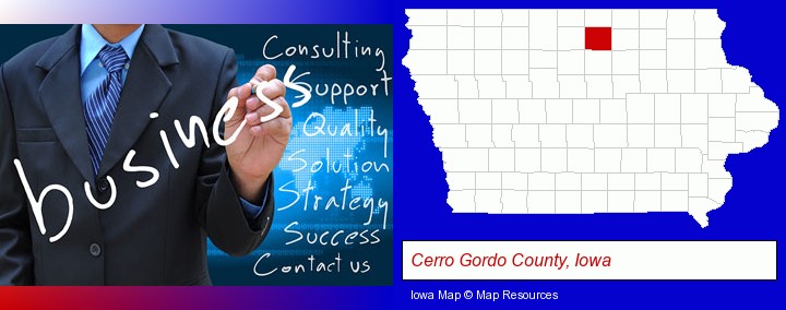 typical business services and concepts; Cerro Gordo County, Iowa highlighted in red on a map