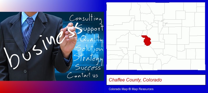 typical business services and concepts; Chaffee County, Colorado highlighted in red on a map