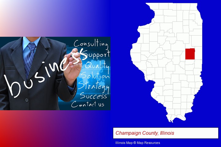 typical business services and concepts; Champaign County, Illinois highlighted in red on a map