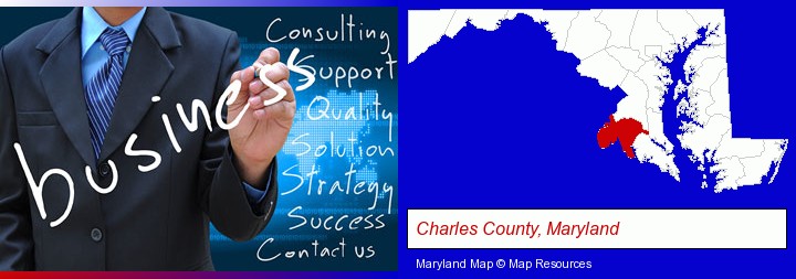 typical business services and concepts; Charles County, Maryland highlighted in red on a map