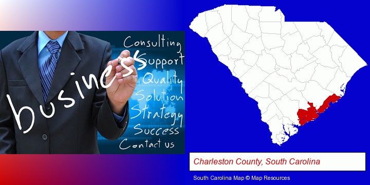 typical business services and concepts; Charleston County, South Carolina highlighted in red on a map