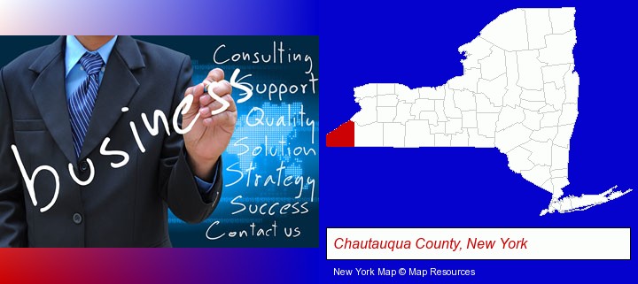 typical business services and concepts; Chautauqua County, New York highlighted in red on a map