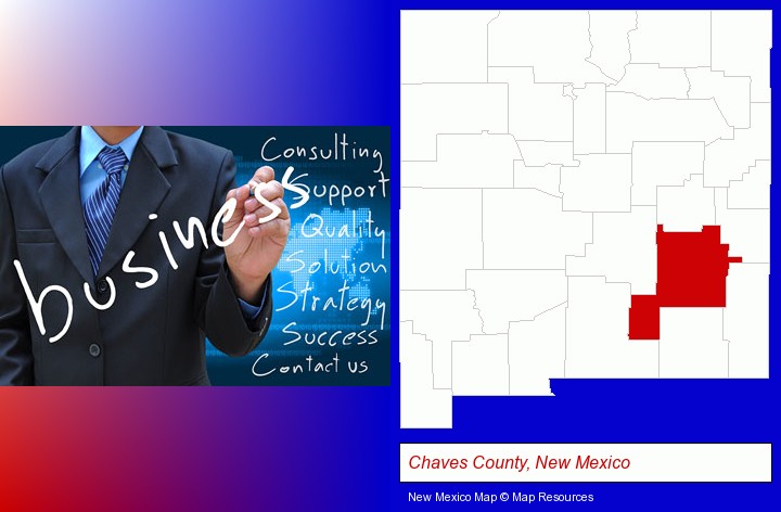 typical business services and concepts; Chaves County, New Mexico highlighted in red on a map