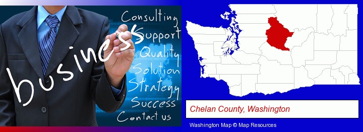 typical business services and concepts; Chelan County, Washington highlighted in red on a map